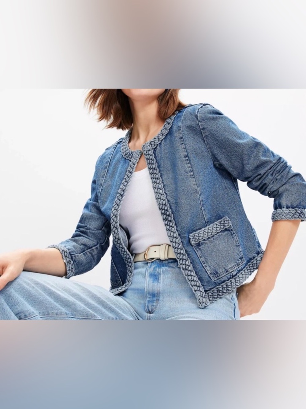 NWT LOFT Petite Blue Denim Braided-Trim Jacket - Women